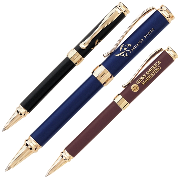 Click action ballpoint with matte lacquer finish and gold plated accents,... from ASI 79535 Primetime