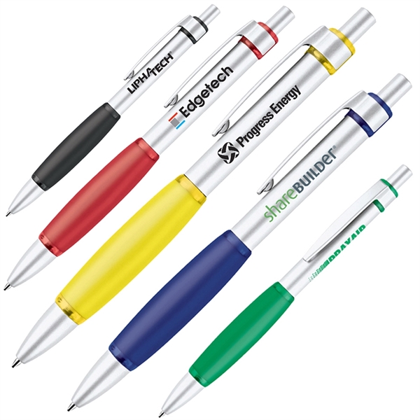 Click action aluminum ballpoint pen with black soft rubber grip.... from ASI 79535 Primetime