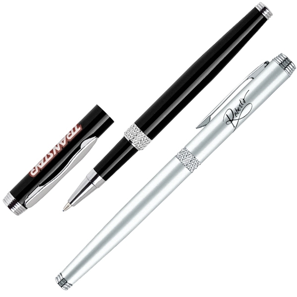Aluminum constructed rollerball pen, silver barrel with diamond cut middle ring... from ASI 79535 Primetime / Primetime