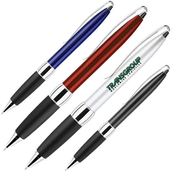 Twist action ballpoint pen with metallic barrel and soft rubber grip.... from ASI 79535 Primetime / Primetime
