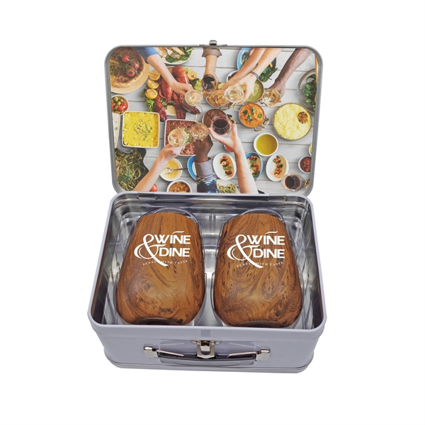 Retro-inspired lunchbox with two 10 oz. stemless woodtone wine glasses in... from ASI 90807 Tekweld