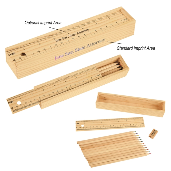 Wooden ruler box with a set of colored pencils... from ASI 61125 Hit Promotional Products / Hit®