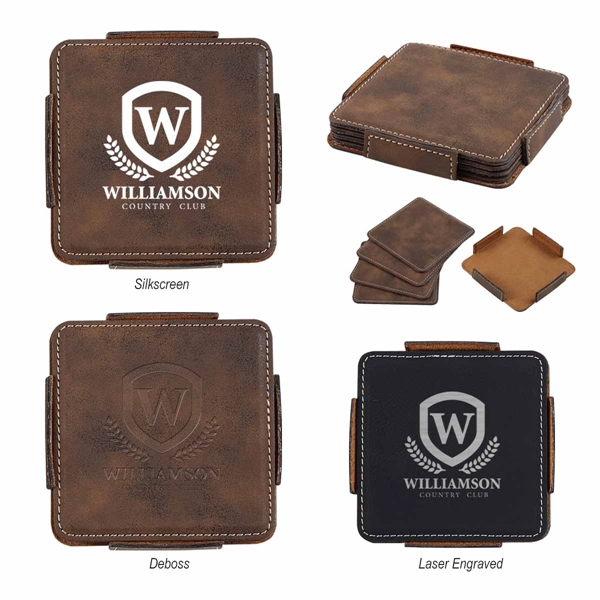 Coaster set made of polyurethane leather with four coasters that feature... from ASI 61125 Hit Promotional Products / Hit®