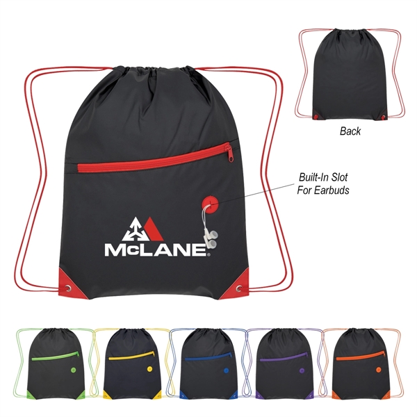 Drawstring bag with a large front zippered pocket and a built-in... from ASI 61125 Hit Promotional Products / Hit®