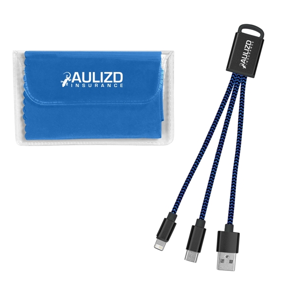 Charging buddy kit with 3-in-1 braided connectors and a microfiber cloth... from ASI 61125 Hit Promotional Products / Hit®
