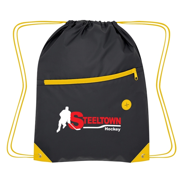 Drawstring bag with a large front zippered pocket and a built-in... from ASI 61125 Hit Promotional Products / Hit®