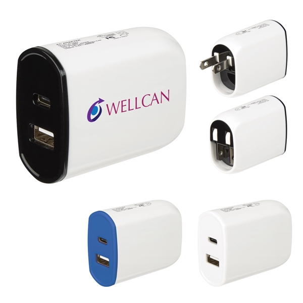 Wall adapter with folding prongs, a USB and Type-C output, and... from ASI 61125 Hit Promotional Products / Hit®