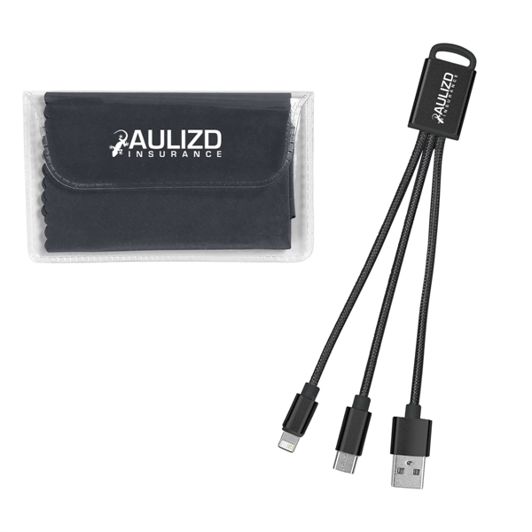 Charging buddy kit with 3-in-1 braided connectors and a microfiber cloth... from ASI 61125 Hit Promotional Products / Hit®