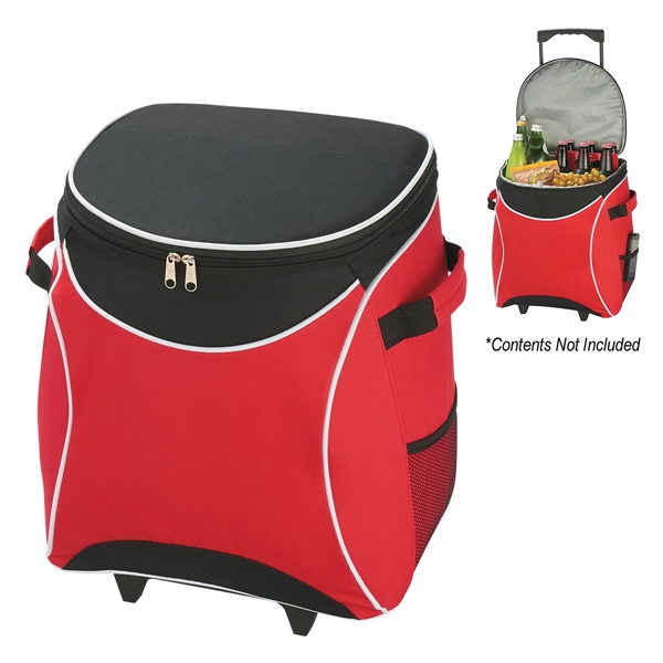 Polyester rolling cooler with large zippered main compartment, retractable auto lock... from ASI 61125 Hit Promotional Products / Hit®