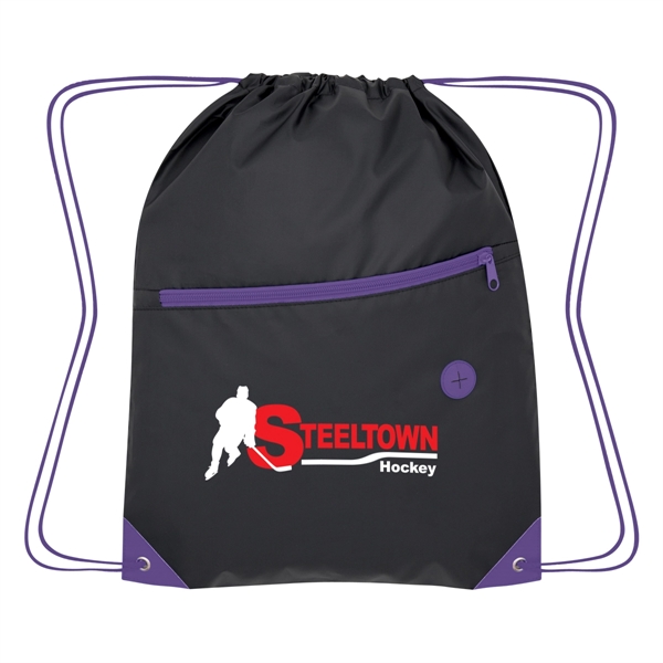 Drawstring bag with a large front zippered pocket and a built-in... from ASI 61125 Hit Promotional Products / Hit®