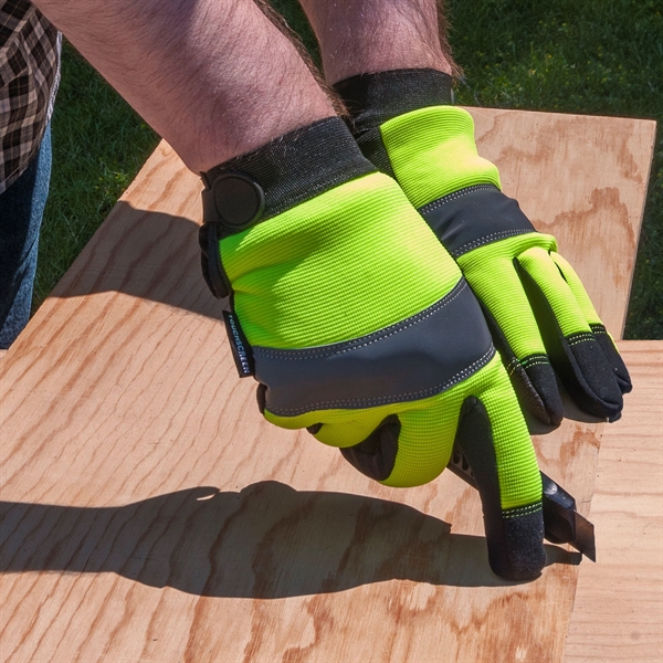 Touchscreen mechanics gloves, black synthetic suede palm, Hi-Viz spandex back.... from ASI 62192 Illinois Glove Co / Honest Abe®