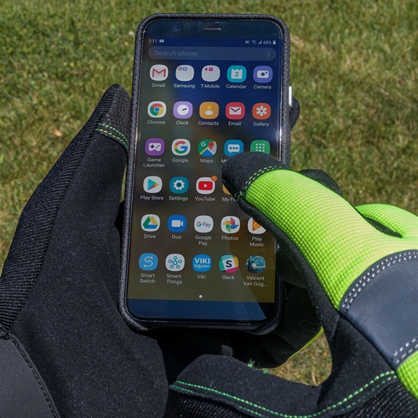 Touchscreen mechanics gloves, black synthetic suede palm, Hi-Viz spandex back.... from ASI 62192 Illinois Glove Co / Honest Abe®