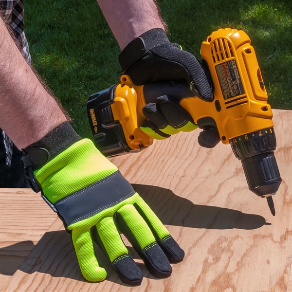 Touchscreen mechanics gloves, black synthetic suede palm, Hi-Viz spandex back.... from ASI 62192 Illinois Glove Co / Honest Abe®