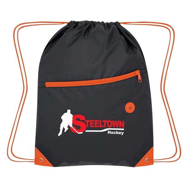 Drawstring bag with a large front zippered pocket and a built-in... from ASI 61125 Hit Promotional Products / Hit®