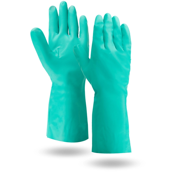 Green nitrile, 15 mil, 13" length gloves with grip palm and... from ASI 62192 Illinois Glove Co / Honest Abe®