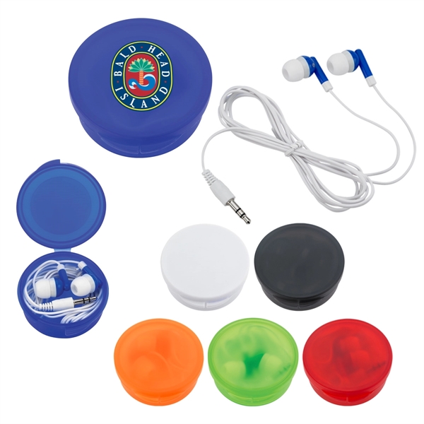 Ear Buds in Round Plastic Case. Works with Most Audio Devices.... from ASI 61125 Hit Promotional Products / Hit®