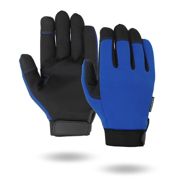 Mechanics gloves, black synthetic suede palm, blue spandex back.... from ASI 62192 Illinois Glove Co / Honest Abe®