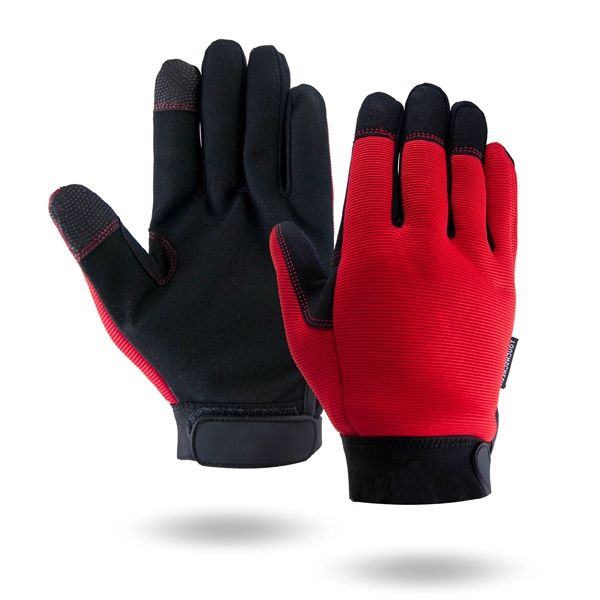 Mechanics gloves, black synthetic suede palm, red spandex back.... from ASI 62192 Illinois Glove Co / Honest Abe®