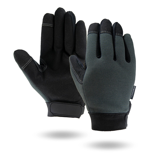 Touchscreen mechanics gloves, black synthetic suede palm, gray spandex back.... from ASI 62192 Illinois Glove Co / Honest Abe®