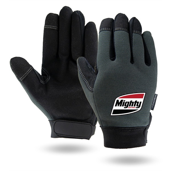 Touchscreen mechanics gloves, black synthetic suede palm, gray spandex back.... from ASI 62192 Illinois Glove Co / Honest Abe®