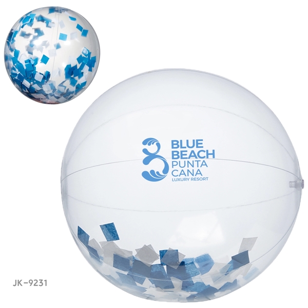 16" clear PVC inflatable beach ball with blue and white confetti... from ASI 63549 Jornik Manufacturing Corp / Jornik