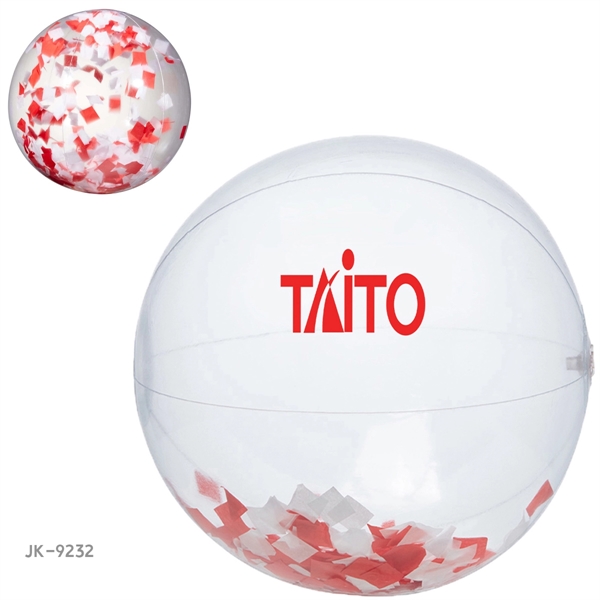 16" clear PVC inflatable beach ball with red and white confetti... from ASI 63549 Jornik Manufacturing Corp / Jornik