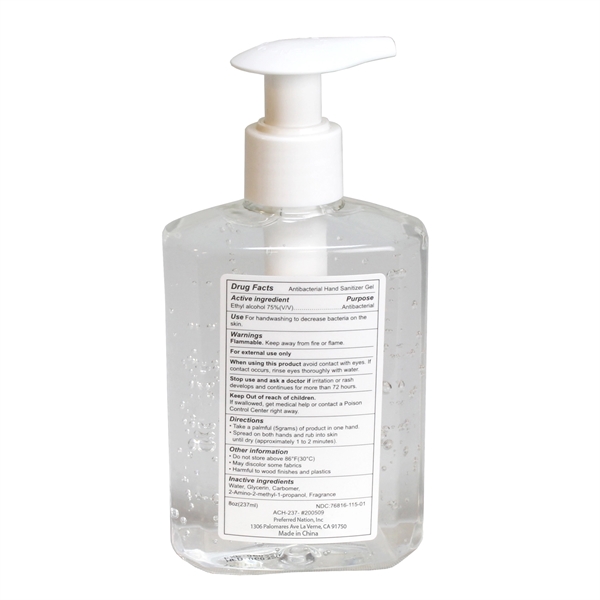 This eight ounce bottle (236ml) of hand sanitizer contains gel of... from ASI 79384 Preferred Nation Inc