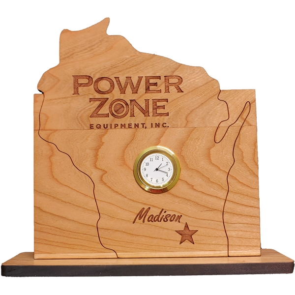 6" x 8" USA-made Wisconsin-shaped engraved hardwood desktop clocks.... from ASI 92531 Unique Custom Products / UCP