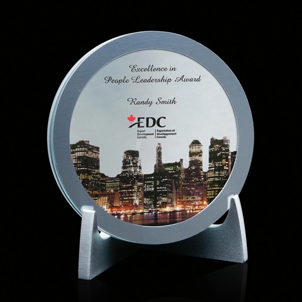 Starfire award with unique design on aluminum display stand.... from ASI 84592 St Regis Group / Prestige Glass