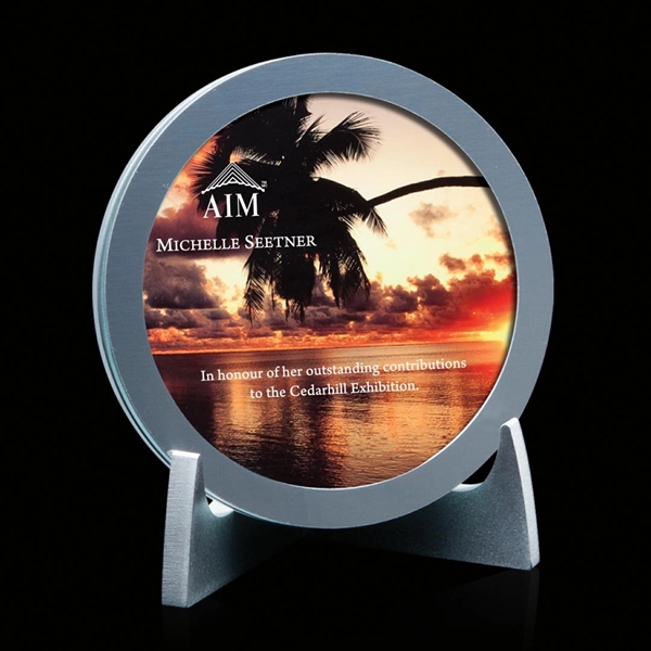 Starfire award with unique design on aluminum display stand.... from ASI 84592 St Regis Group / Prestige Glass