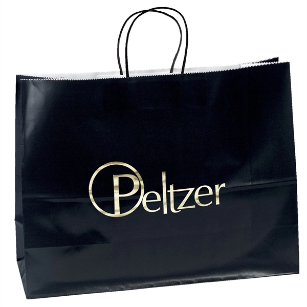 Glossy finish paper bag, with a serrated cut top. Twisted paper... from ASI 37940 Bag Makers Inc