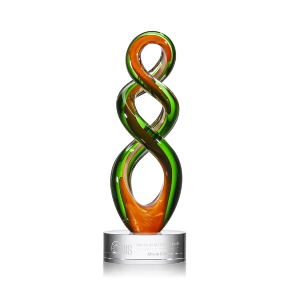 Emerald and Orange intertwined art glass award on Clear base.... from ASI 84592 St Regis Group / St Regis