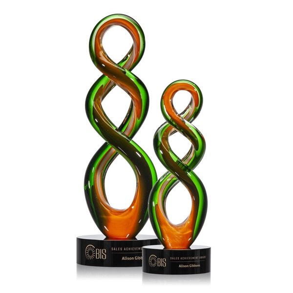 Emerald and Orange intertwined art glass award on Black base.... from ASI 84592 St Regis Group / St Regis