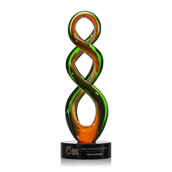 Emerald and Orange intertwined art glass award on Black base.... from ASI 84592 St Regis Group / St Regis