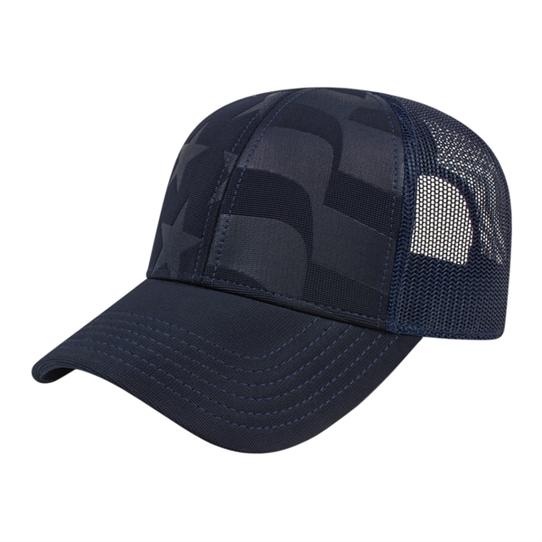 Medium profile six-panel polyester and spandex cap with debossed American flag... from ASI 43792 Cap America Inc