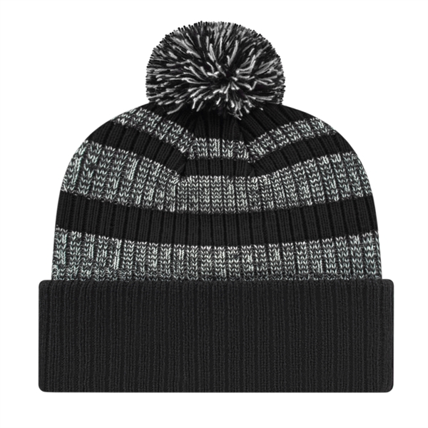 Heavy ribbed acrylic knit cap with striped crown, cuff and pompom... from ASI 43792 Cap America Inc