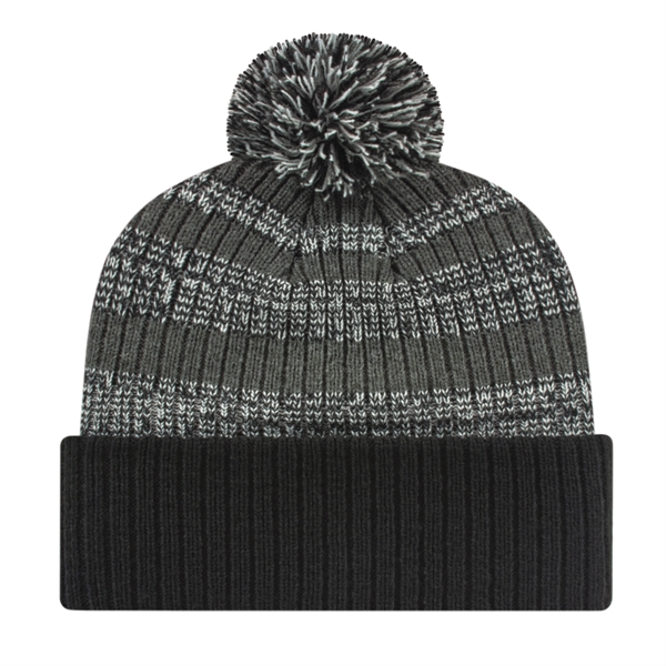 Heavy ribbed acrylic knit cap with striped crown, cuff and pompom... from ASI 43792 Cap America Inc