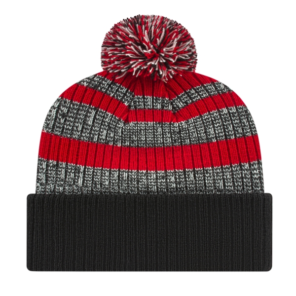 Heavy ribbed acrylic knit cap with striped crown, cuff and pompom... from ASI 43792 Cap America Inc