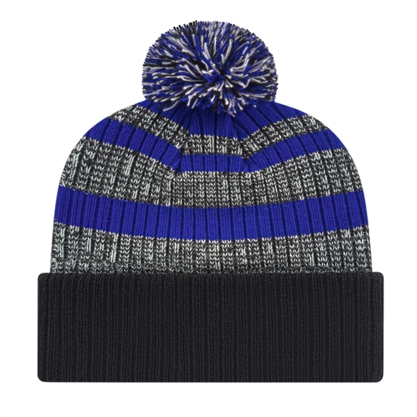 Heavy ribbed acrylic knit cap with striped crown, cuff and pompom... from ASI 43792 Cap America Inc