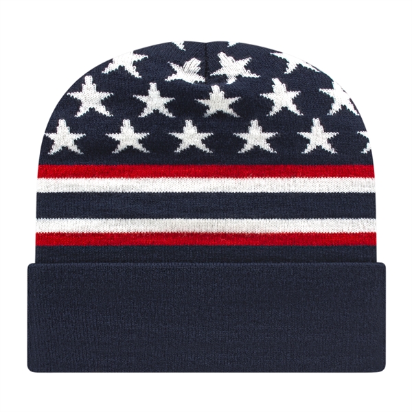 Knit acrylic patriotic cap with cuff and stars and stripes motif.... from ASI 43792 Cap America Inc