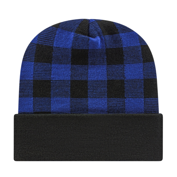 Acrylic knit beanie with plaid design and solid cuff. Made in... from ASI 43792 Cap America Inc