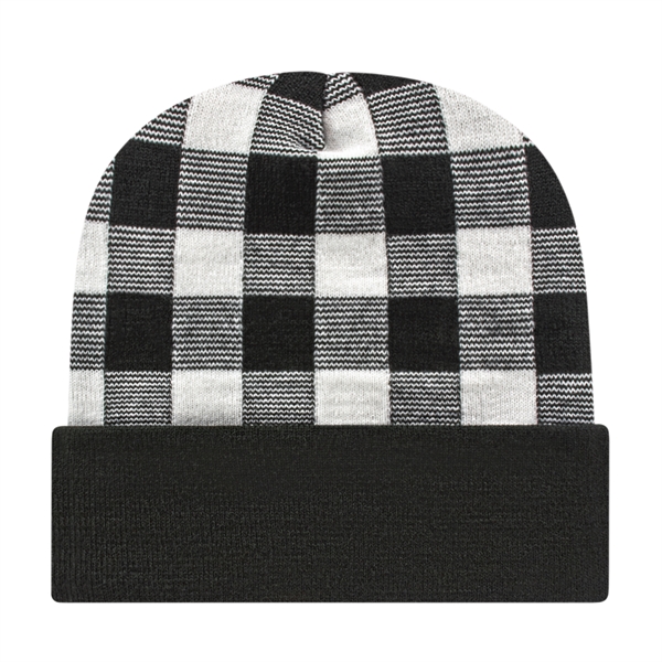 Acrylic knit beanie with plaid design and solid cuff. Made in... from ASI 43792 Cap America Inc