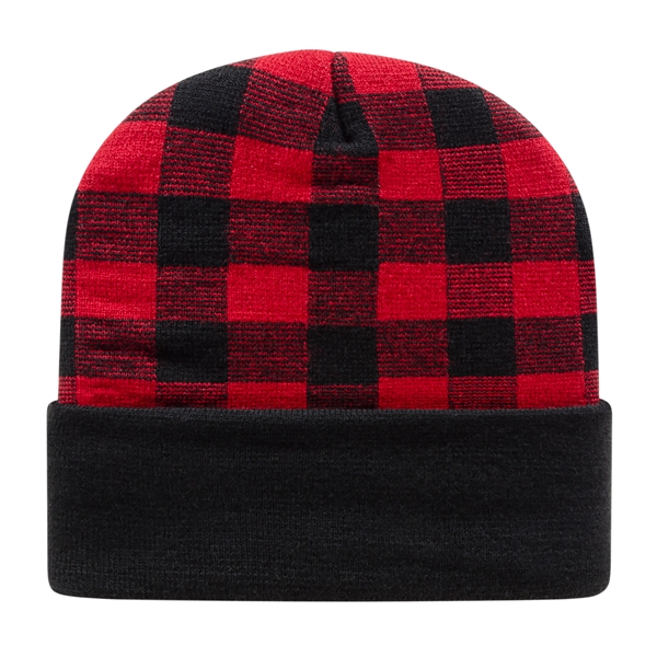 Acrylic knit beanie with plaid design and solid cuff. Made in... from ASI 43792 Cap America Inc