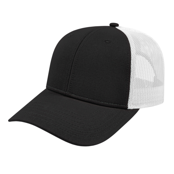 Low profile structured six-panel trucker cap with modified flat bill, chino... from ASI 43792 Cap America Inc