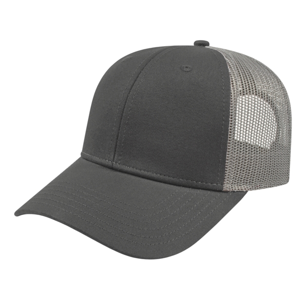 Low profile structured six-panel trucker cap with modified flat bill, chino... from ASI 43792 Cap America Inc