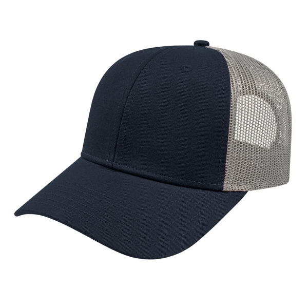 Low profile structured six-panel trucker cap with modified flat bill, chino... from ASI 43792 Cap America Inc