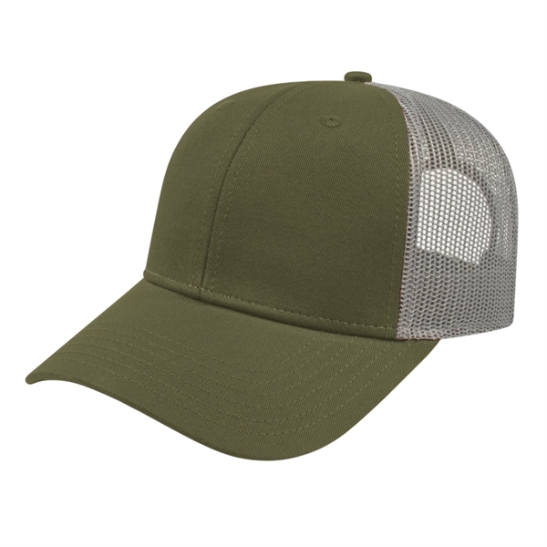 Low profile structured six-panel trucker cap with modified flat bill, chino... from ASI 43792 Cap America Inc