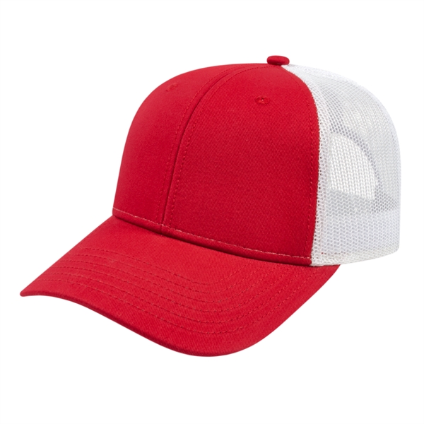 Low profile structured six-panel trucker cap with modified flat bill, chino... from ASI 43792 Cap America Inc