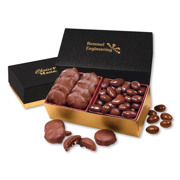 Black and gold gift box filled with pecan turtles and chocolate... from ASI 68680 Maple Ridge Farms Inc