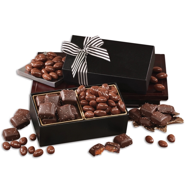 Black gift box filled with sea salt caramels and chocolate almonds.... from ASI 68680 Maple Ridge Farms Inc